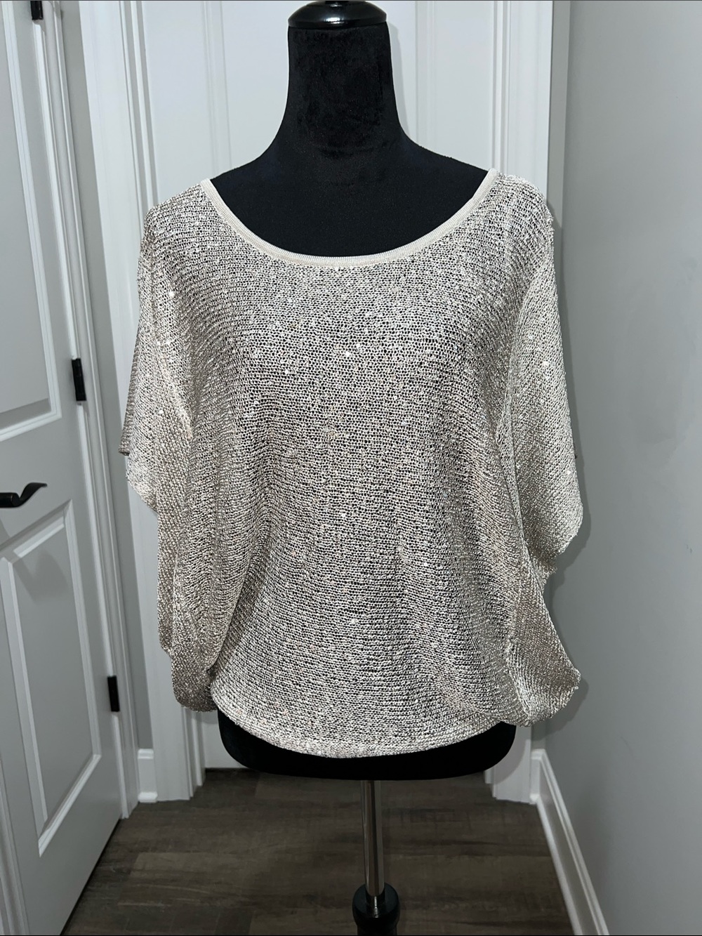 5/48 Women's Metallic Knit Boatneck Top - Silver Cream